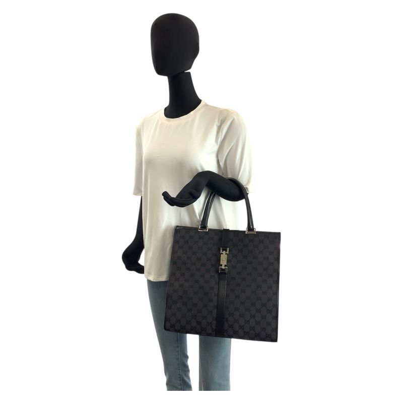 Gucci Jackie Black Silver GG Canvas Leather 002 Tote