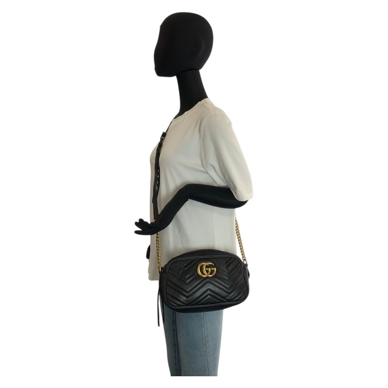 Gucci GG Marmont Camera Bag Black Gold Leather