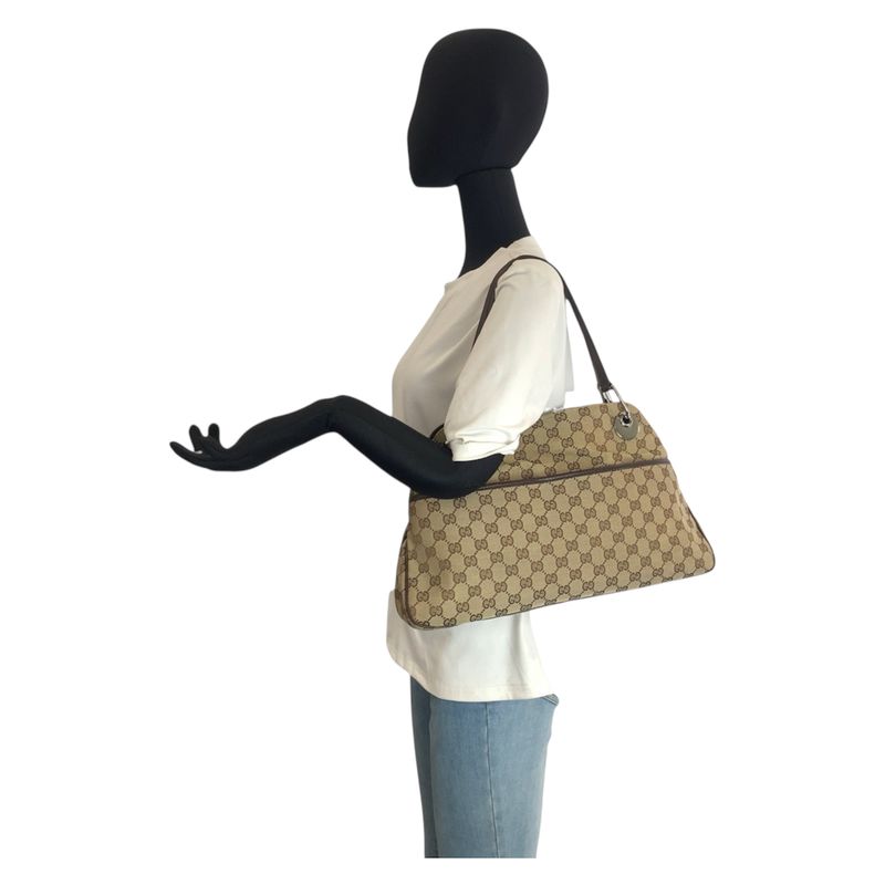 Gucci Beige Brown Silver GG Canvas Leather Shoulder Bag Tote
