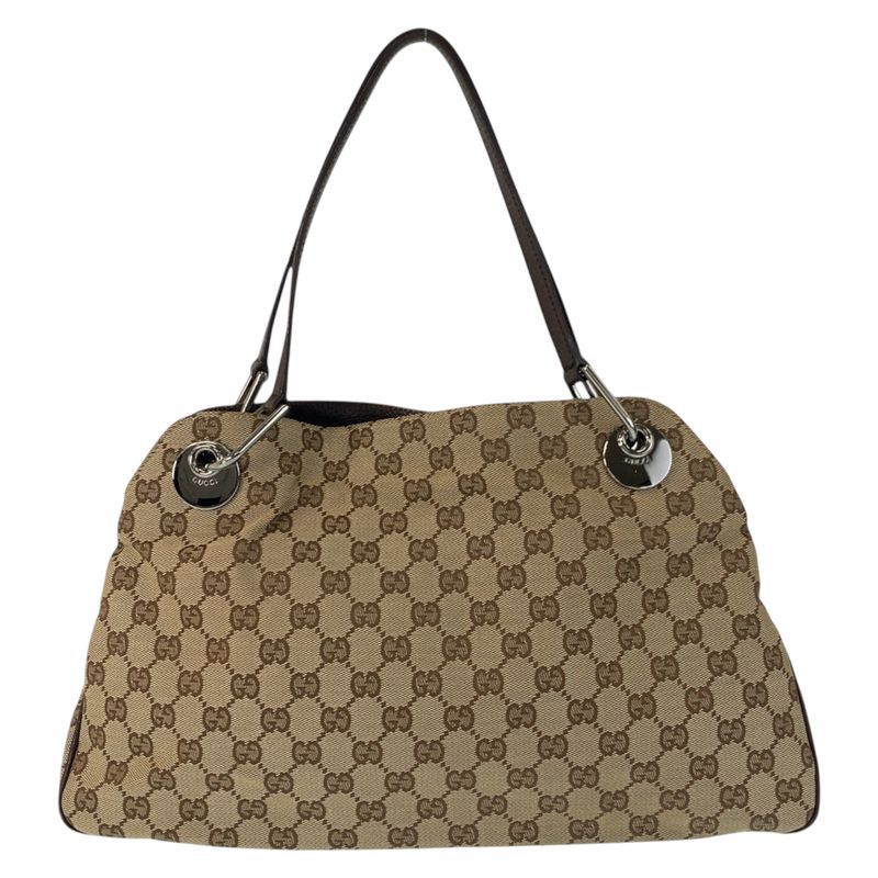 Gucci Beige Brown Silver GG Canvas Leather Shoulder Bag Tote