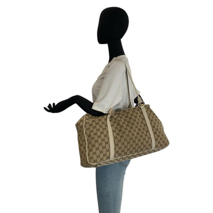 Gucci GG Twins Beige White Gold Canvas Leather Tote