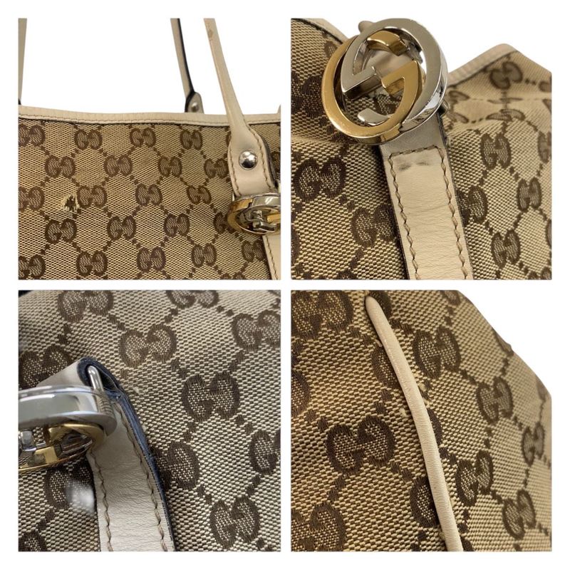 Gucci GG Twins Beige White Gold Canvas Leather Tote