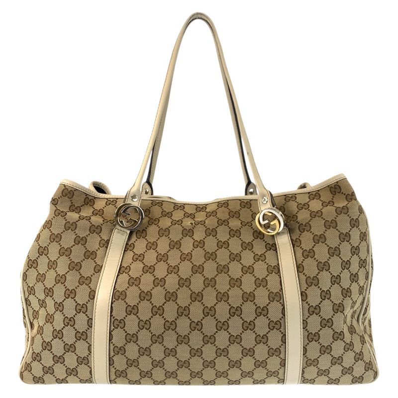 Gucci GG Twins Beige White Gold Canvas Leather Tote