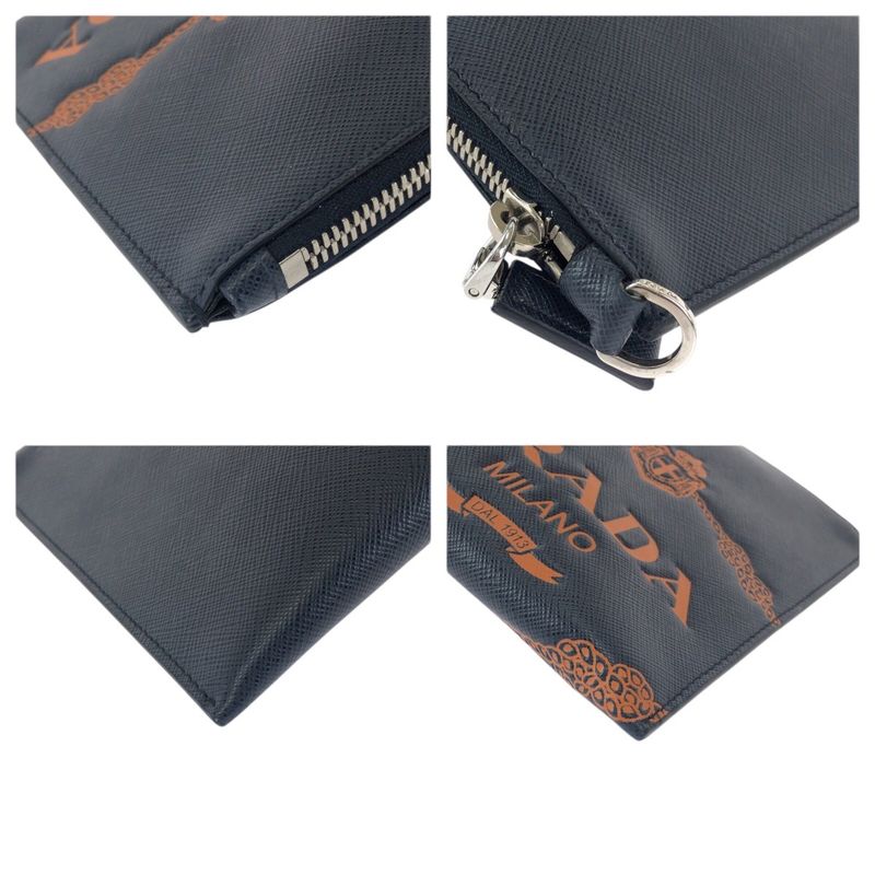 Prada Saffiano Navy Orange Silver Leather Clutch Navyorange