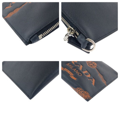 Prada Saffiano Navy Orange Silver Leather Clutch Navyorange