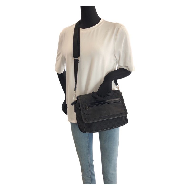 Gucci Black Silver GG Canvas Leather Shoulder Bag