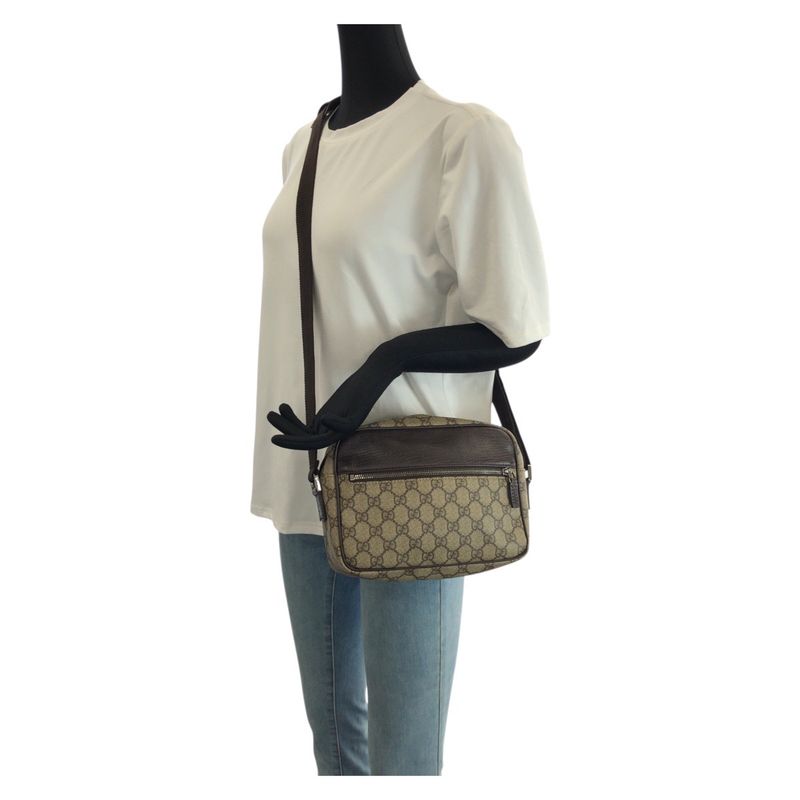 Gucci Beige Dark Brown Silver GG Supreme Canvas Leather Shoulder Bag