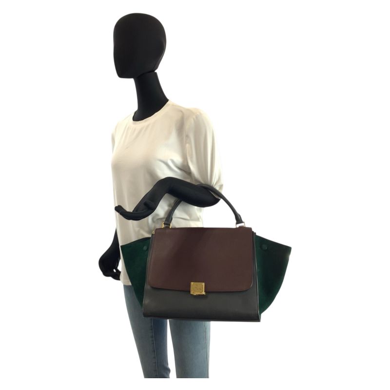 Celine Trapeze Burgundy Gray Green Leather 2-Way Shoulder Bag
