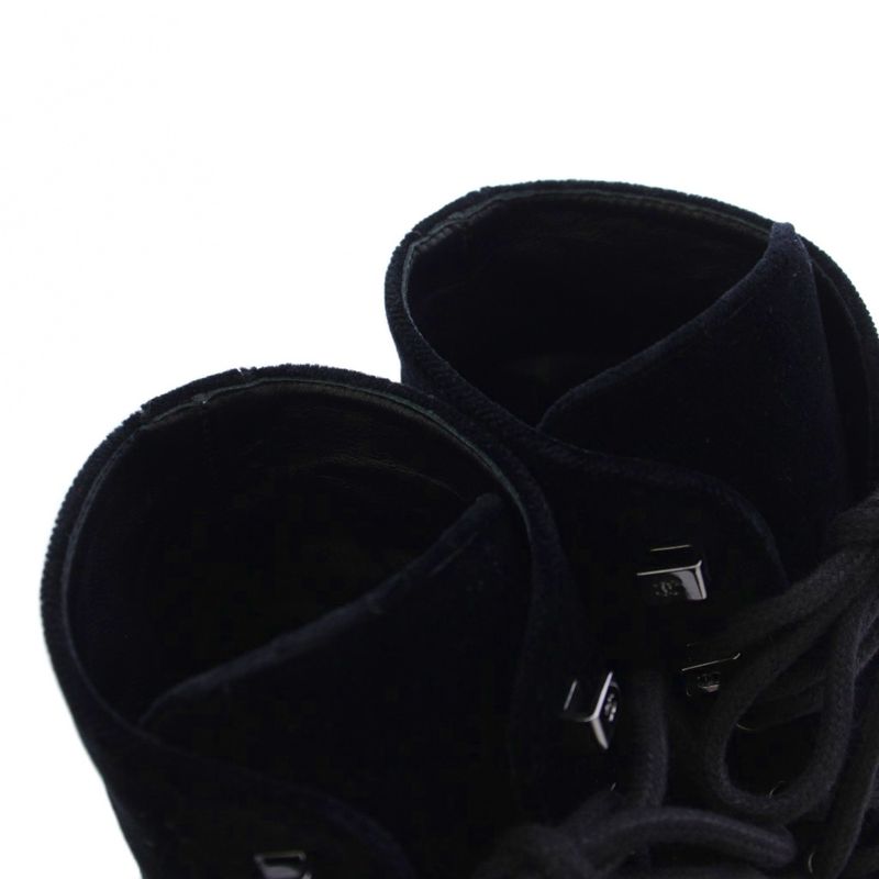 Chanel Lace Up Combat Boots Velvet CC Logo 37C Black