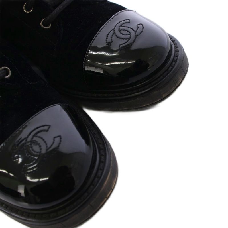 Chanel Lace Up Combat Boots Velvet CC Logo 37C Black