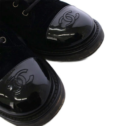 Chanel Lace Up Combat Boots Velvet CC Logo 37C Black