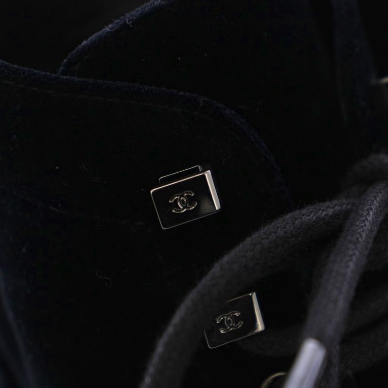 Chanel Lace Up Combat Boots Velvet CC Logo 37C Black