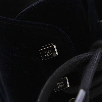 Chanel Lace Up Combat Boots Velvet CC Logo 37C Black