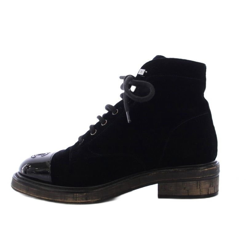 Chanel Lace Up Combat Boots Velvet CC Logo 37C Black