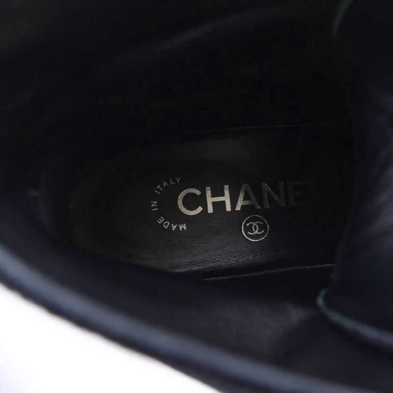 Chanel Lace Up Combat Boots Velvet CC Logo 37C Black