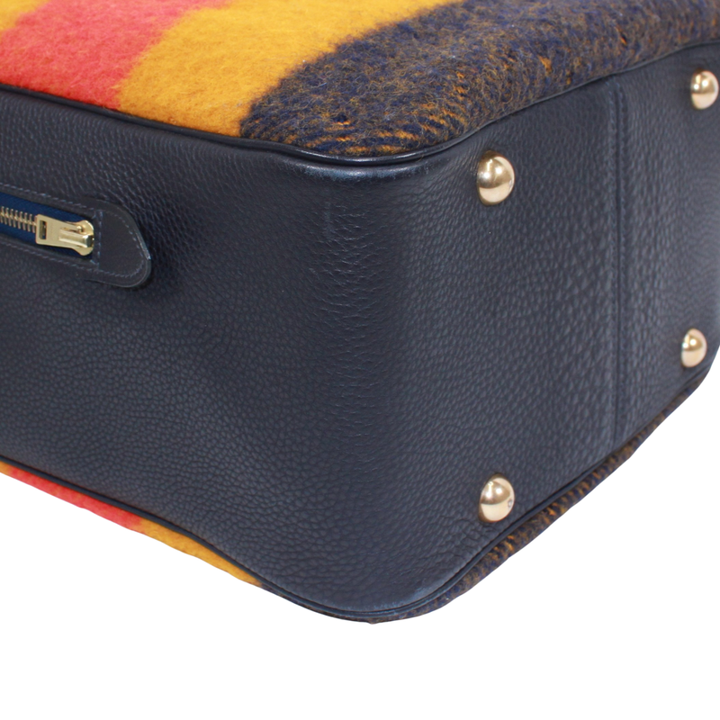 Hermes Victoria Leather Wool Yellow Orange Navy Shoulder Bag Gold