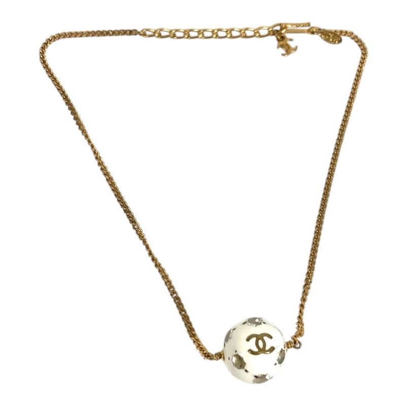 Chanel Necklace Soccer Ball Logo CC Metal White