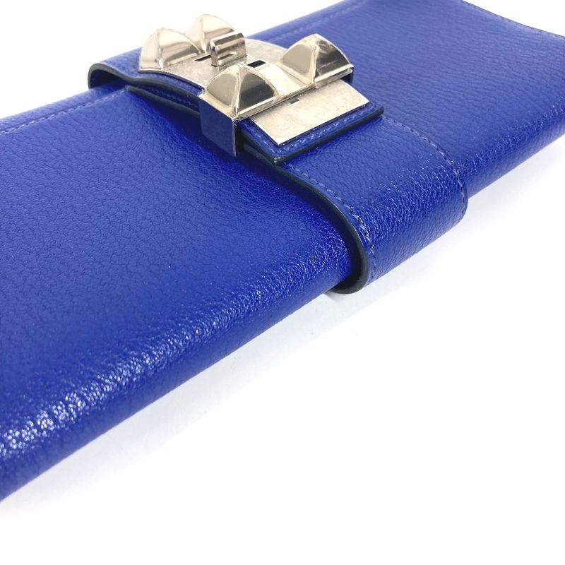 Hermes Clutch Pochette Medallion Logo Leather Blue