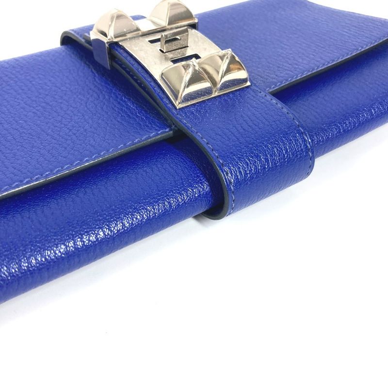 Hermes Clutch Pochette Medallion Logo Leather Blue