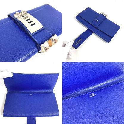 Hermes Clutch Pochette Medallion Logo Leather Blue