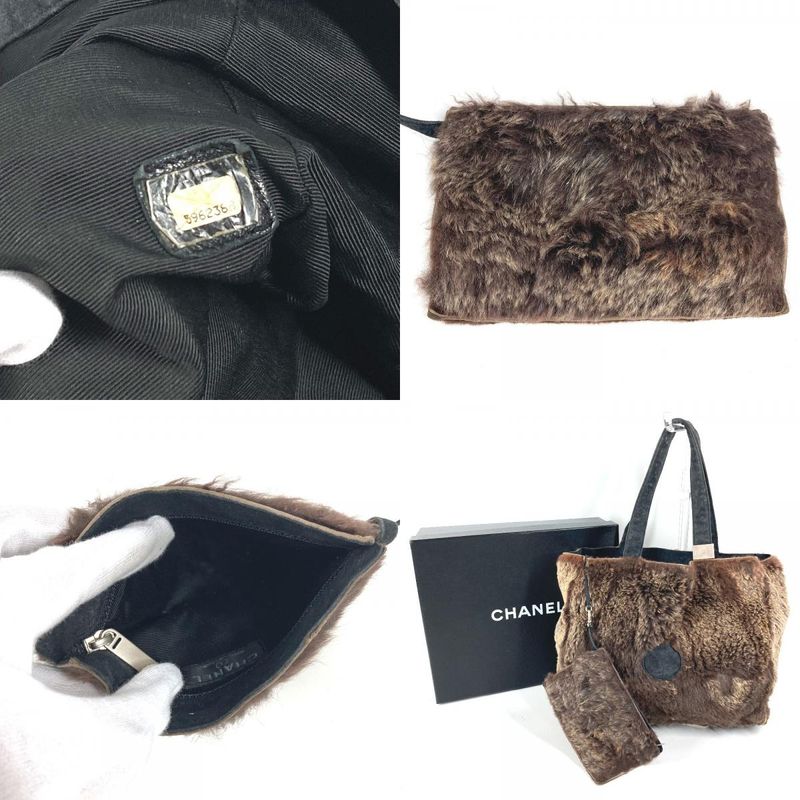 Chanel Tote CC Logo Rabbit Fur Brown
