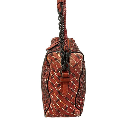 Bottega Veneta Shoulder Bag Red Dark Brown Multi Chain Stitch Leather