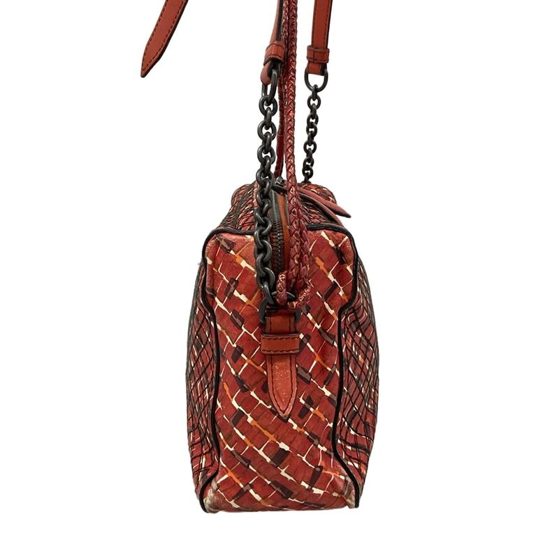 Bottega Veneta Shoulder Bag Red Dark Brown Multi Chain Stitch Leather