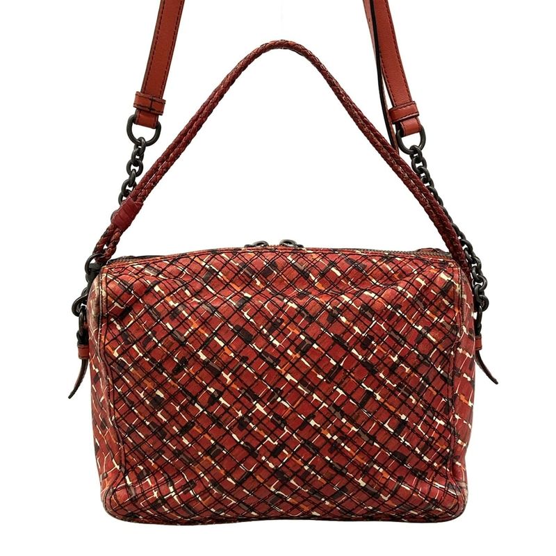 Bottega Veneta Shoulder Bag Red Dark Brown Multi Chain Stitch Leather