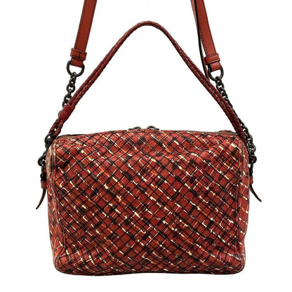 Bottega Veneta Shoulder Bag Red Dark Brown Multi Chain Stitch Leather