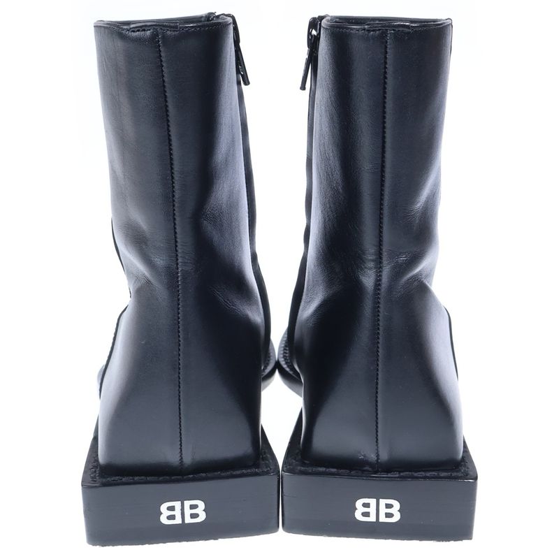 Balenciaga BB Logo Square Toe Side Zip Ankle Boots Black