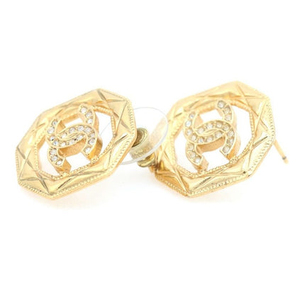 Chanel CC Logo Octagon Strass Rhinestone Earrings Gold