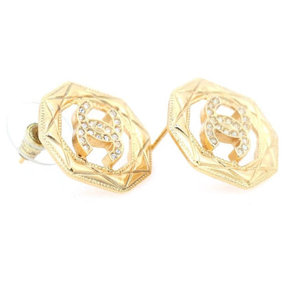 Chanel CC Logo Octagon Strass Rhinestone Earrings Gold