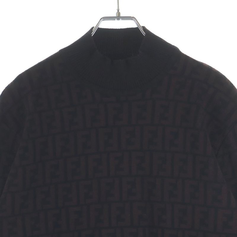 Fendi Old Zucca Pattern Wool Mock Neck Knit Sweater Brown