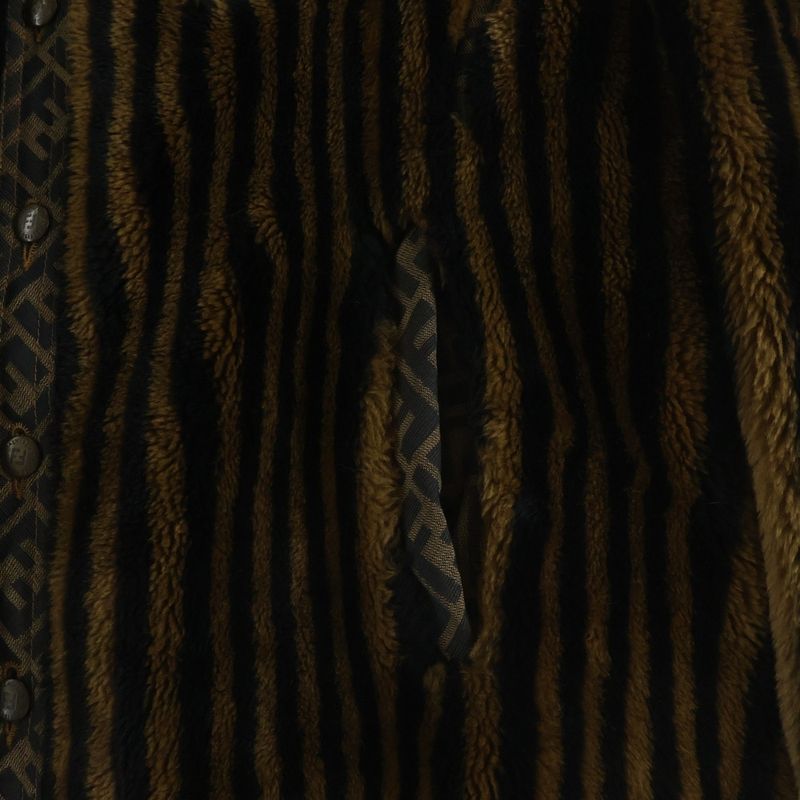 Fendi Jeans Old Zucca Pattern Striped Faux Fur Coat Half Acrylic Brown Black