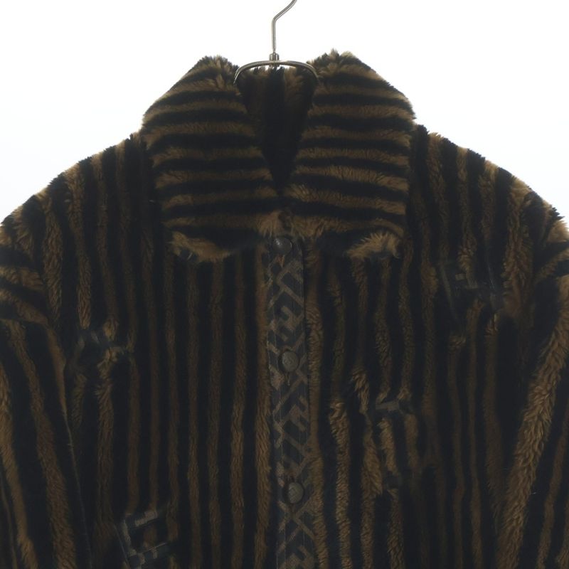 Fendi Jeans Old Zucca Pattern Striped Faux Fur Coat Half Acrylic Brown Black