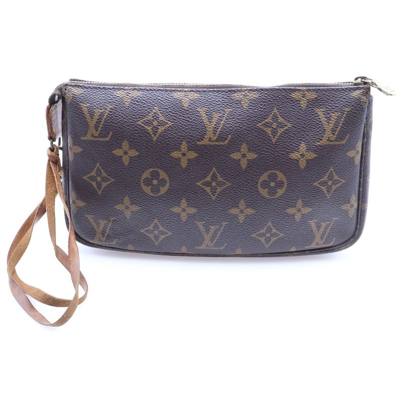 Louis Vuitton Monogram Handbag Pouch Case Brown Leather Gold