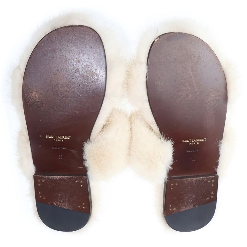 Saint Laurent Paris Fur Flat Sandals White