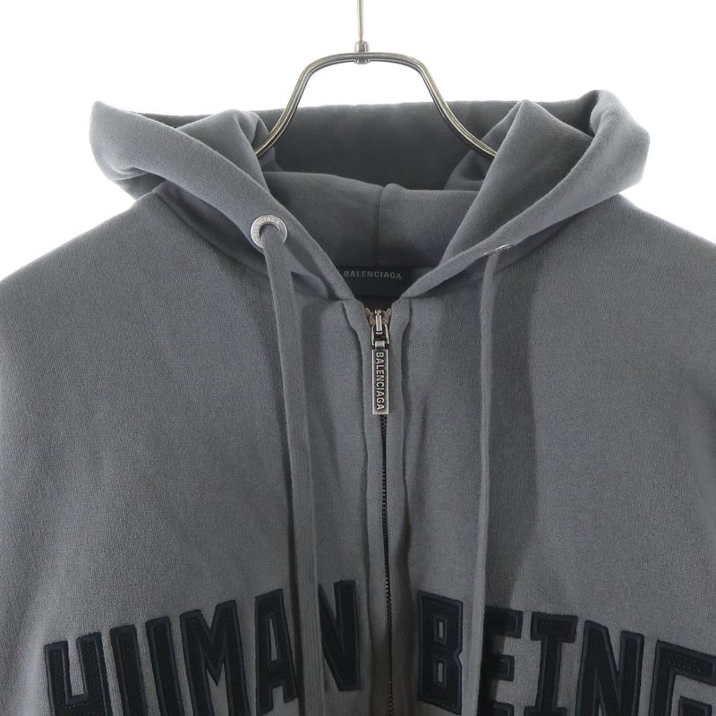 Balenciaga Human Being Round Zip Up Hoodie Front Logo Gray