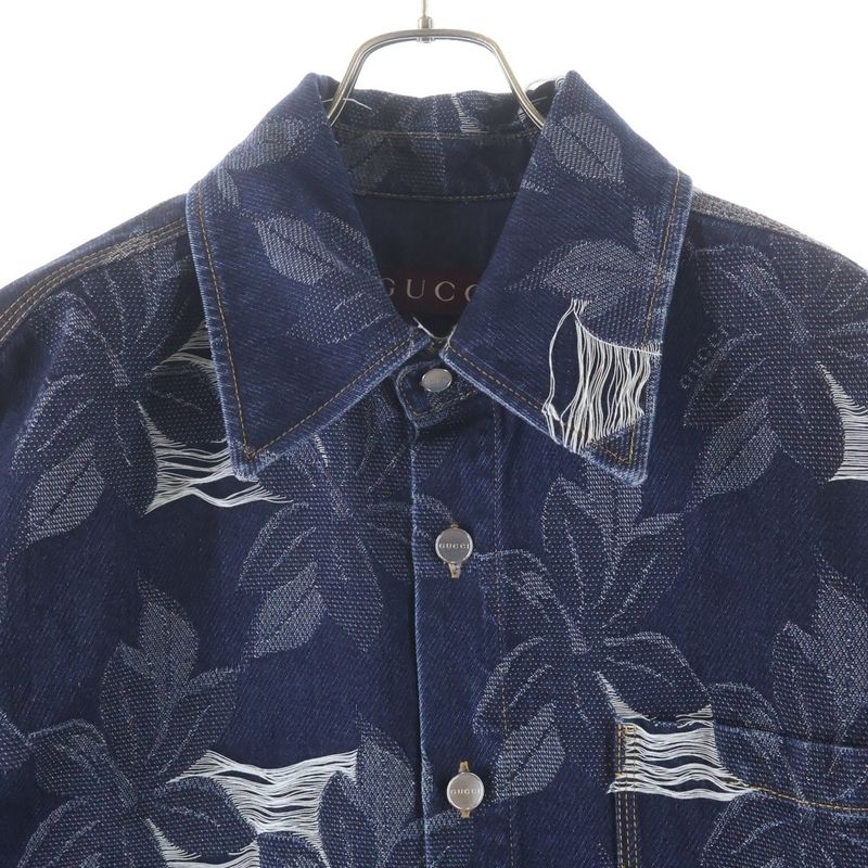 Gucci Denim Jacquard Shirt Floral Jacket Indigo