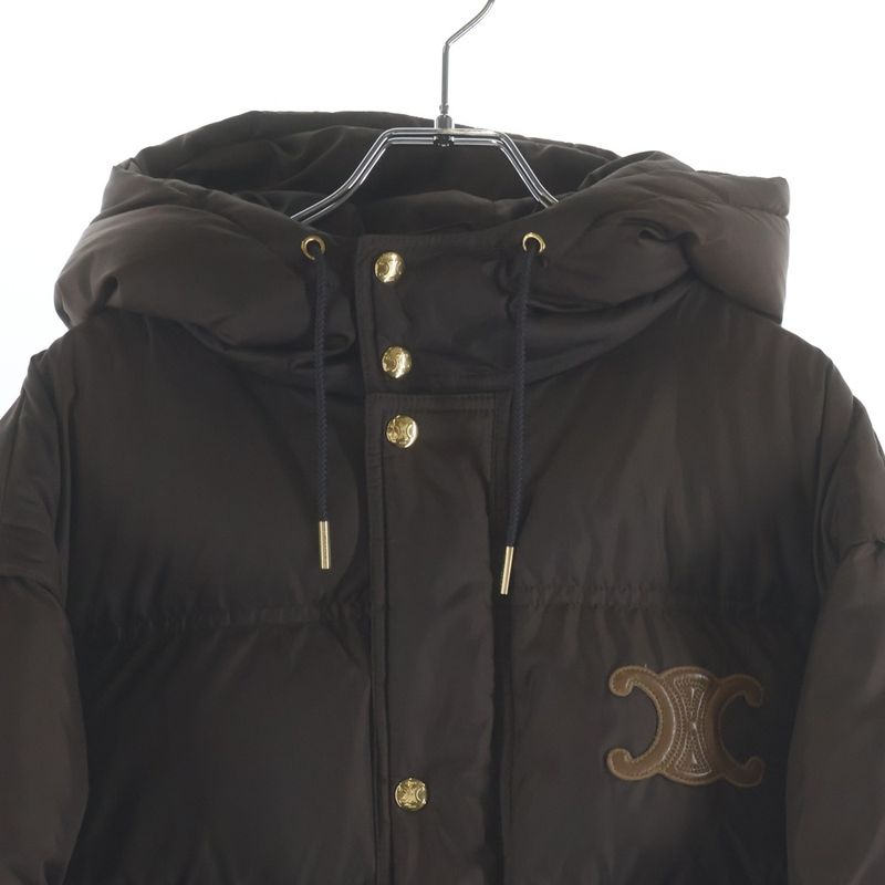 Celine Leather Triomphe Zip Up Cropped Nylon Down Jacket Brown