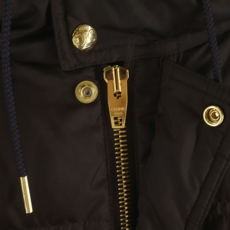 Celine Leather Triomphe Zip Up Cropped Nylon Down Jacket Brown