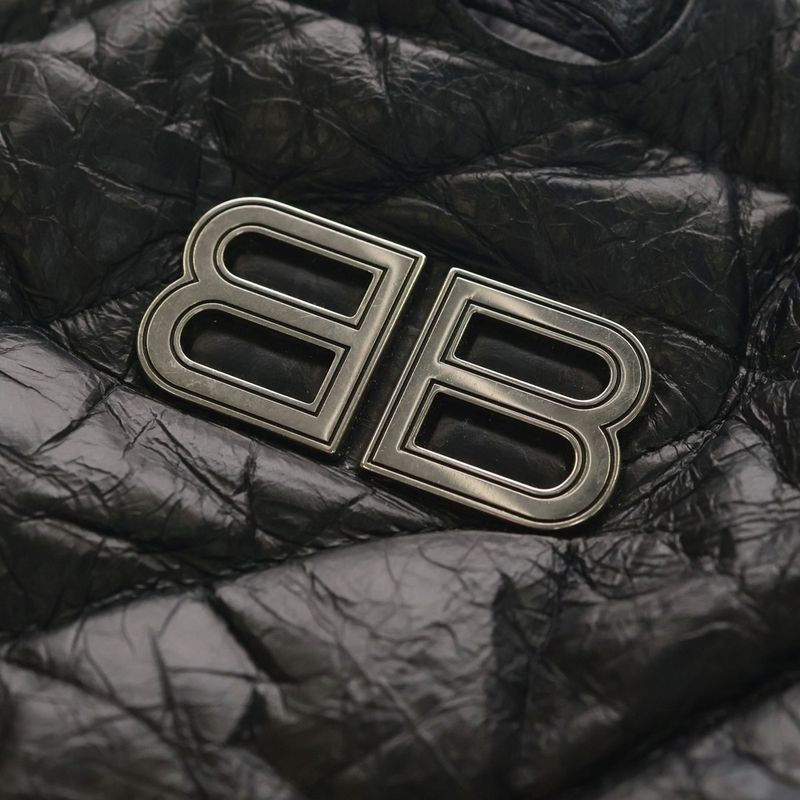 Balenciaga BB Logo Crush Quilted Chain Shoulder Bag Black Calf Leather Silver