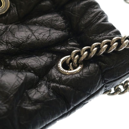 Balenciaga BB Logo Crush Quilted Chain Shoulder Bag Black Calf Leather Silver