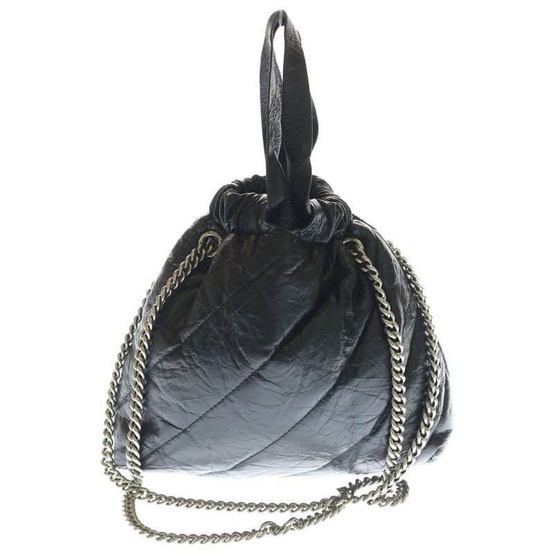 Balenciaga BB Logo Crush Quilted Chain Shoulder Bag Black Calf Leather Silver