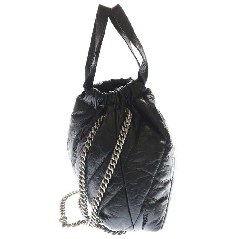 Balenciaga BB Logo Crush Quilted Chain Shoulder Bag Black Calf Leather Silver
