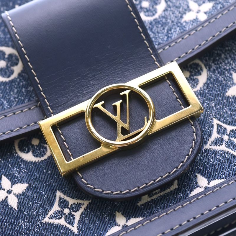 Louis Vuitton Monogram Jacquard Denim Dauphine MM Shoulder Bag Navy Leather Gold