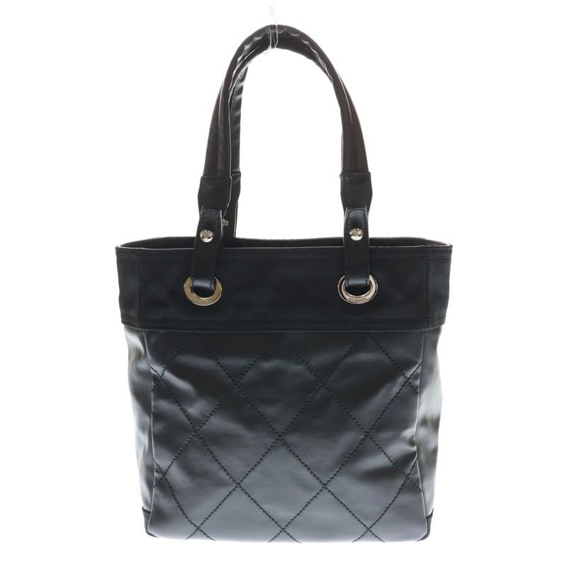 Chanel Paris Biarritz PM Quilted Tote Black Leather Canvas Silver