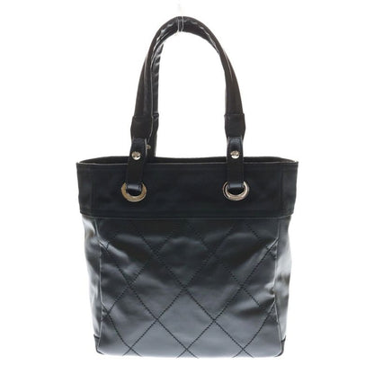 Chanel Paris Biarritz PM Quilted Tote Black Leather Canvas Silver