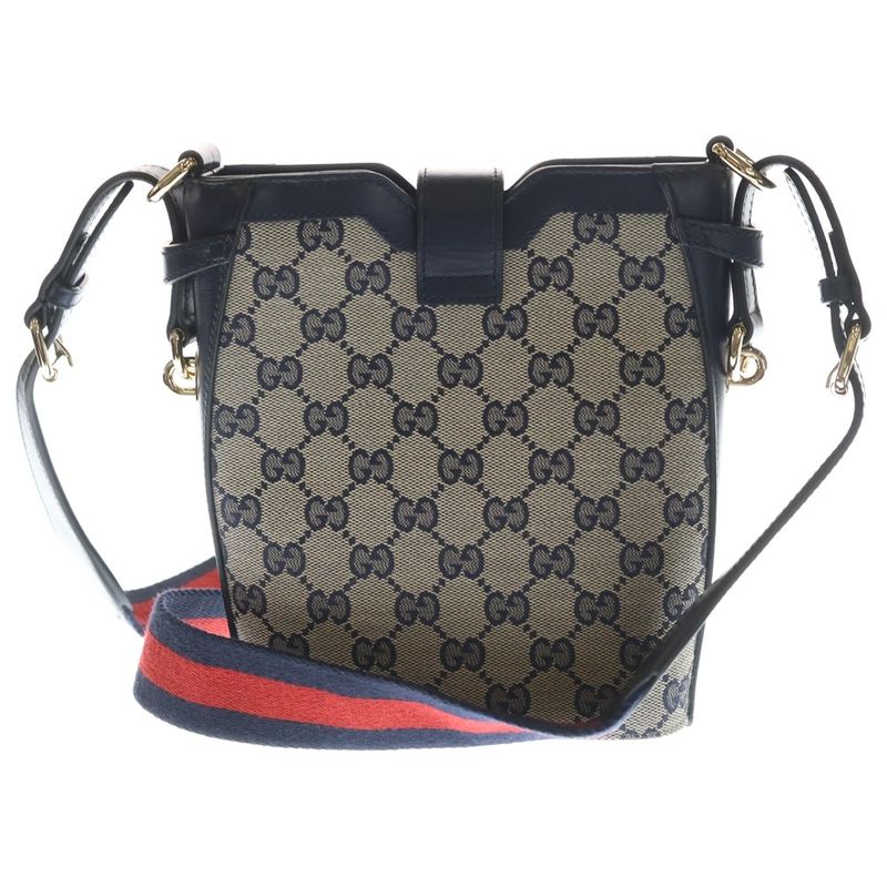 Gucci GG Canvas Small Bucket Cross Mini Beige Navy Shoulder Bag