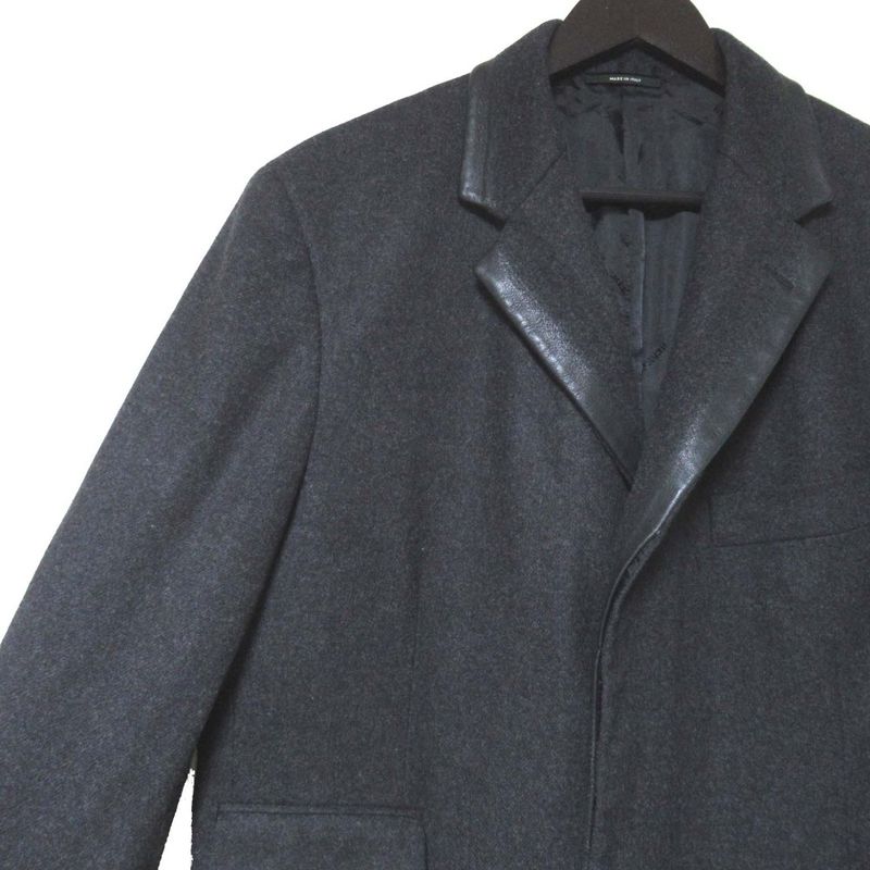 Hermes Phantom Technique Leather Trim Wool Chesterfield Coat 50 Charcoal Grey